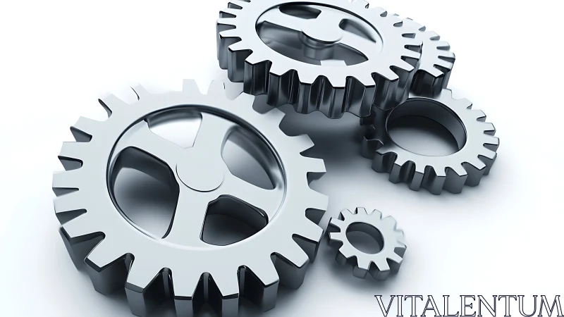 Shiny interlocking metal gears on clean white background.