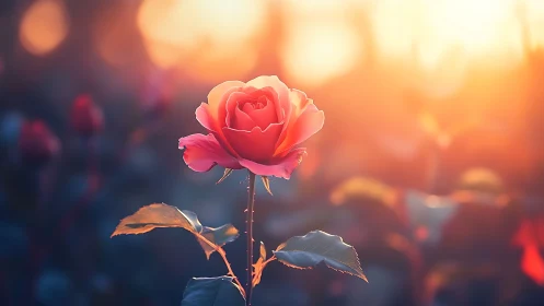 Red Rose with Golden Hour Bokeh Illumination. Photorealistic rendering at sunset.