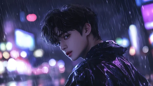 Young man walks through neon city rain with quiet intensity