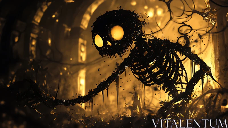 Molten-eyed skeletal creature stalking through embered ruin.