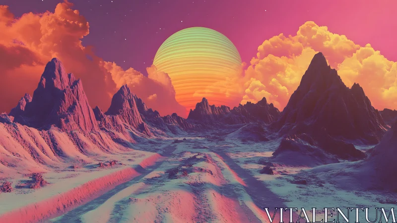 Neon alien valley recedes toward a ringed gas giant horizon