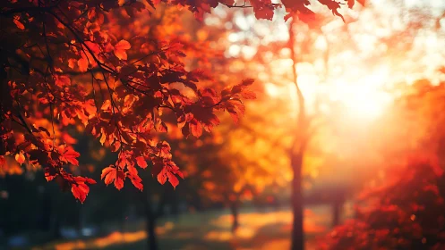 Red autumn maple leaves against blurred sunlit woodland.