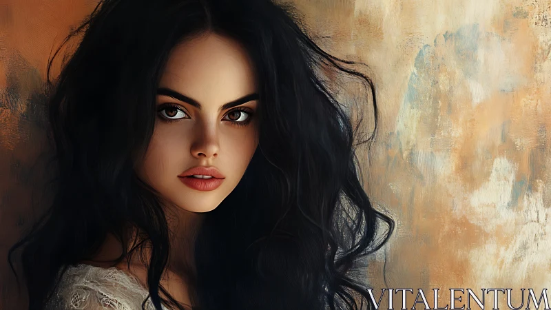 Storm-haired muse in warm ochre light and whispered texture.