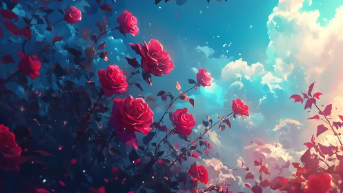 Red Roses Against Luminous Turquoise Sky.