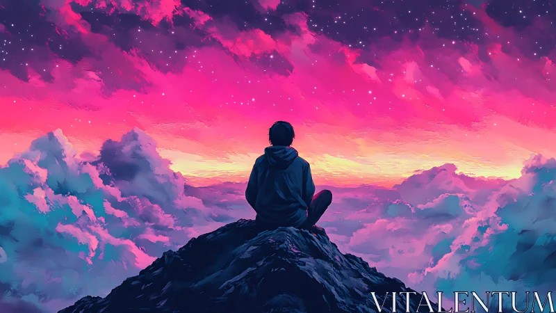 Digital painting of a lone figure above clouds at neon dusk.