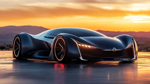 Sunset street rocket, obsidian supercar poised for launch.