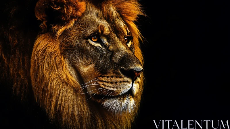 Side profile portrait of male lion against black background.