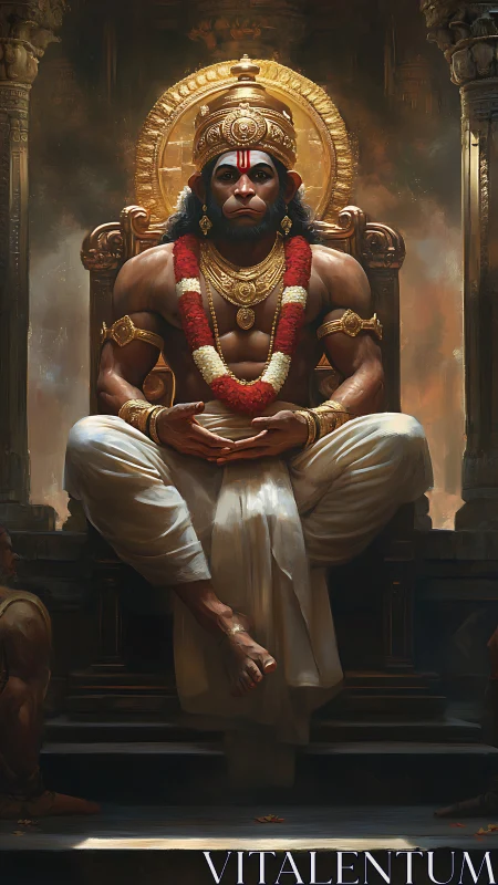 Monumental simian deity seated in ornate throne under rim light
