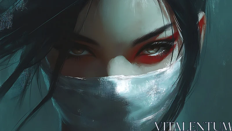 Veiled storm eyes ignite beneath crimson warpaint gaze.