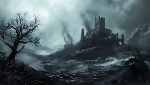 Storm-lashed ruined fortress dominates fog-choked volcanic valley