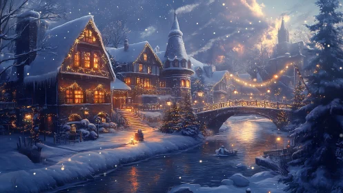 Snowlit riverside village glowing with cozy winter magic.