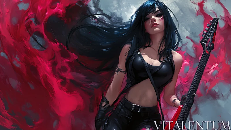 Dark rock guitarist stands against swirling crimson haze