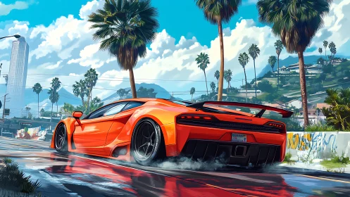 Digital painting of orange supercar on wet urban boulevard.