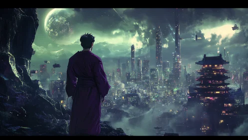 Man overlooking neon cyberpunk city with distant planet