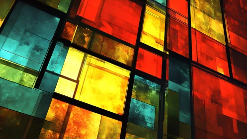 Abstract stained glass window art with vibrant geometric panels.