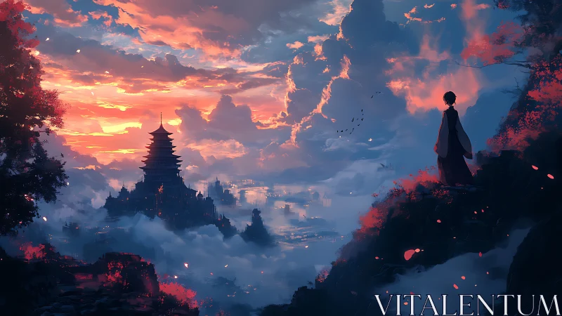 Solitary figure surveys distant pagoda in clouded valley