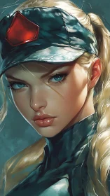 Focused blonde soldier in cap with red emblem portrait.