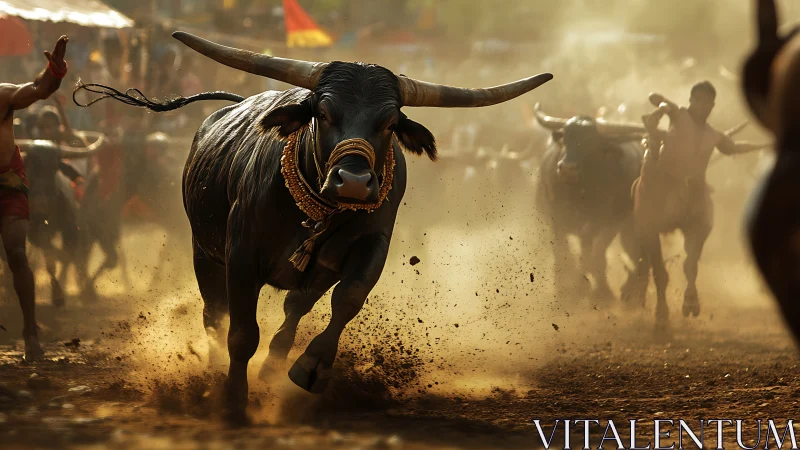Powerful bull charges through golden dust in a lively race