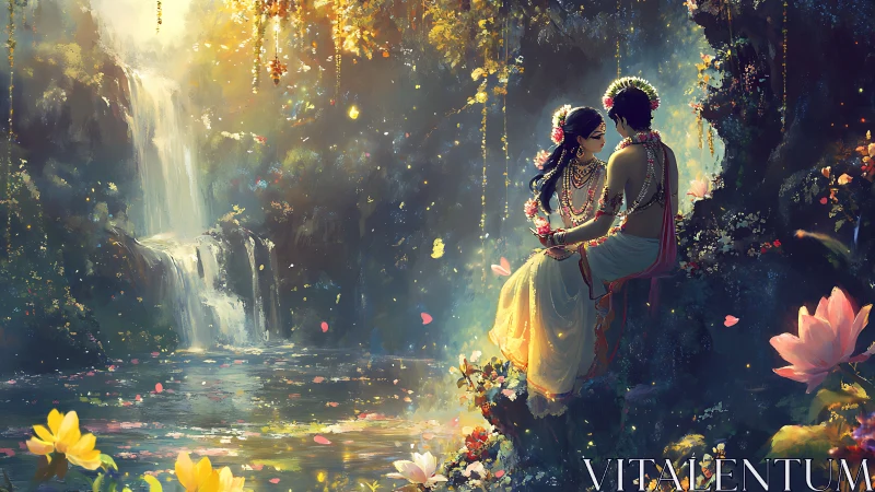 Luminous Encounter by Enchanted Waterfall.