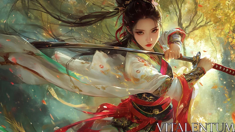 Dynamic wuxia swordswoman executes diagonal slashing strike in forest