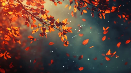 Gentle swirl of autumn leaves in dreamy twilight air.