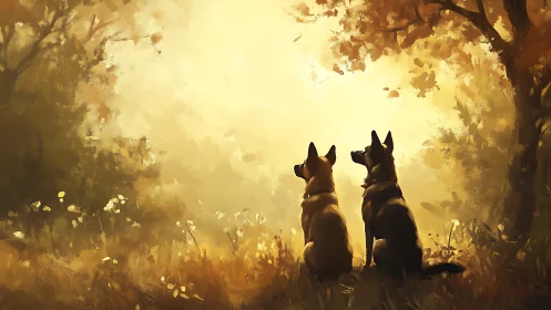 Two dogs sit in a sunlit clearing beneath autumn trees