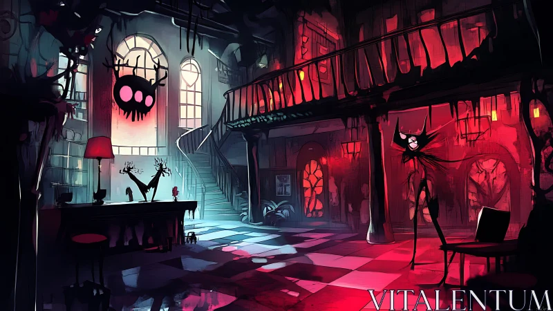 Dim interior hall with stylized figure and red lighting.
