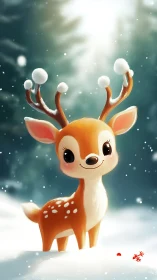 Cute baby deer stands in glowing snowy winter forest
