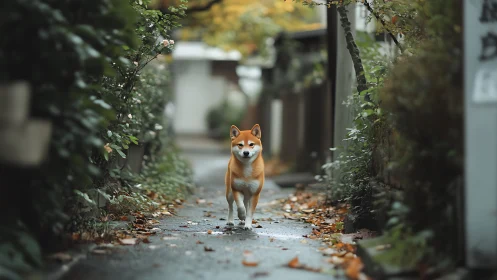 Shiba Inu strolls down a leafy, narrow alleyway calmly.