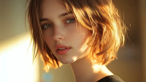 Soft sunset portrait of short-haired woman in warm glow.