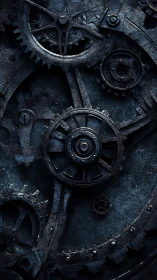 Corroded mechanical gear-train assembly under low-key lighting.