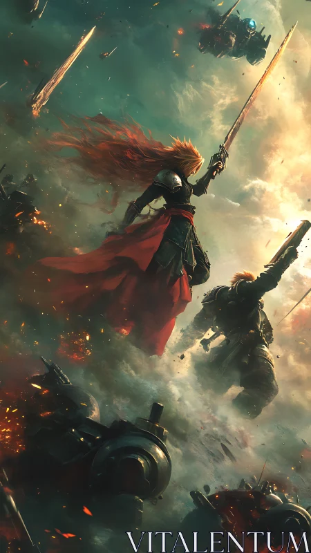 Red-cloaked warrior leading charge in mech-strewn battlefield.