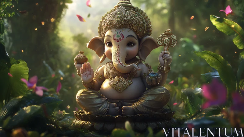 Highly detailed 3D baby Ganesha idol in luminous jungle clearing