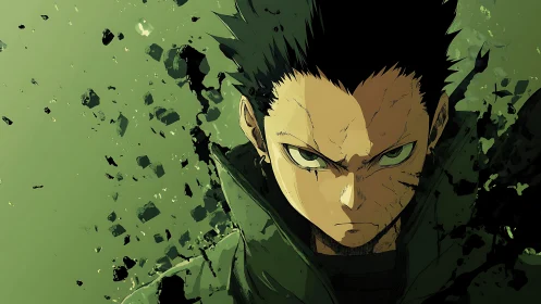 Intense anime boy amid green shards and debris.