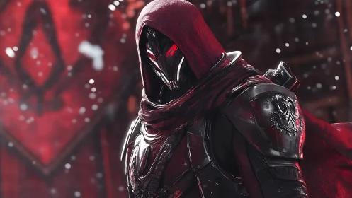 3D crimson-cloaked cyber knight in reflective armor profile.