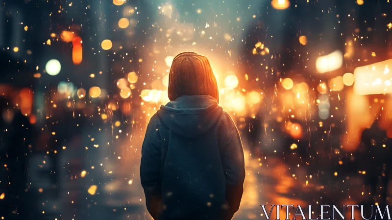 Solitary hooded figure in neon city bokeh rainstorm at night.