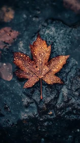 Hydrophilic maple leaf macro on saturated asphalt substrate.