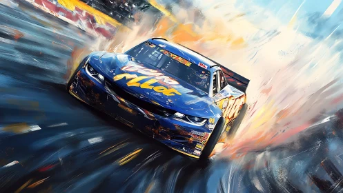 Dynamic stock car apex drift with kinetic paint streaks.