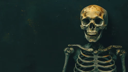 Rust-kissed grinning skeleton meets the velvet dark. Period.