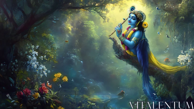 Mythic blue flutist in luminously rendered forest canopy.