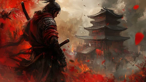 Lone samurai confronts a burning pagoda amid crimson chaos