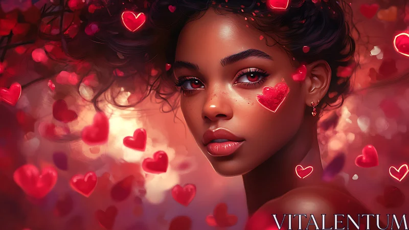 Neon Love Portrait with Glowing Hearts.