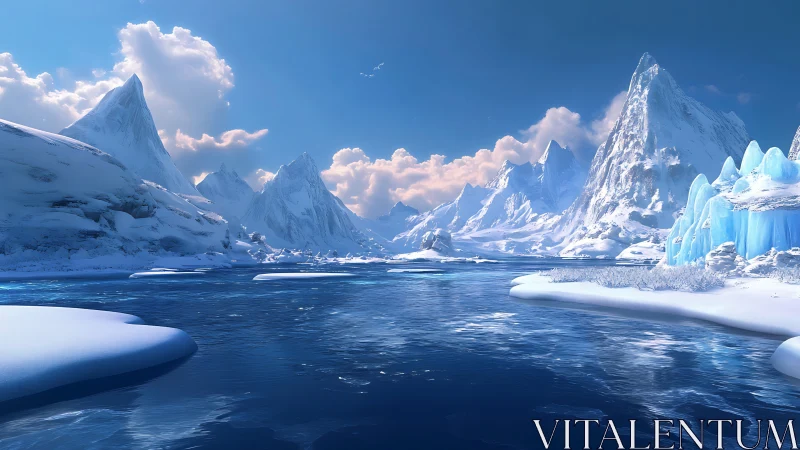 Sunlit polar fjord reflects towering crystal-blue glaciers