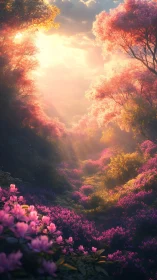 Sunlit valley with dense pink flowering trees and shrubs.