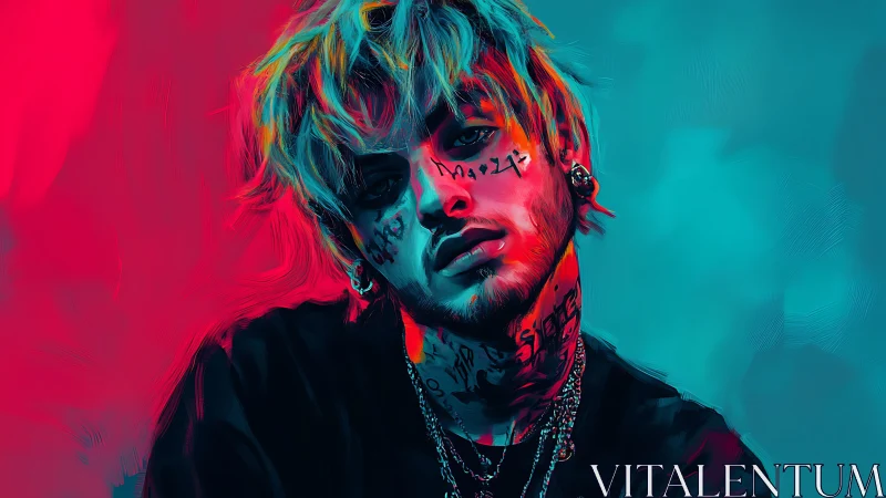 Portrait of tattooed figure in neon cyan and magenta light.