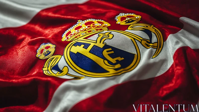 High-gloss satin flag with heraldic crest and metallic embroidery