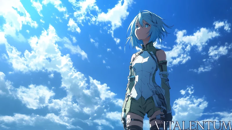 Blue haired anime character standing under bright sky.