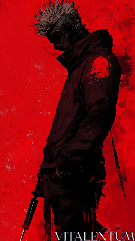 Masked cyber-assassin silhouette in high-saturation red field.