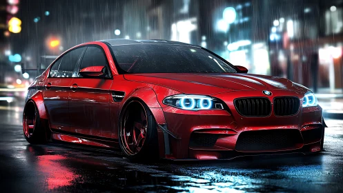 Red sports sedan is rendered on wet city street at night