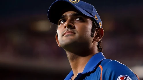 Cricket player in blue uniform looks upward during match